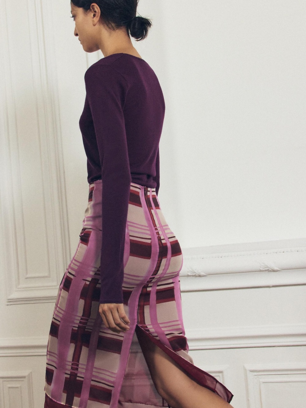 Zara Plum and Light Pink Checked Midi Skirt